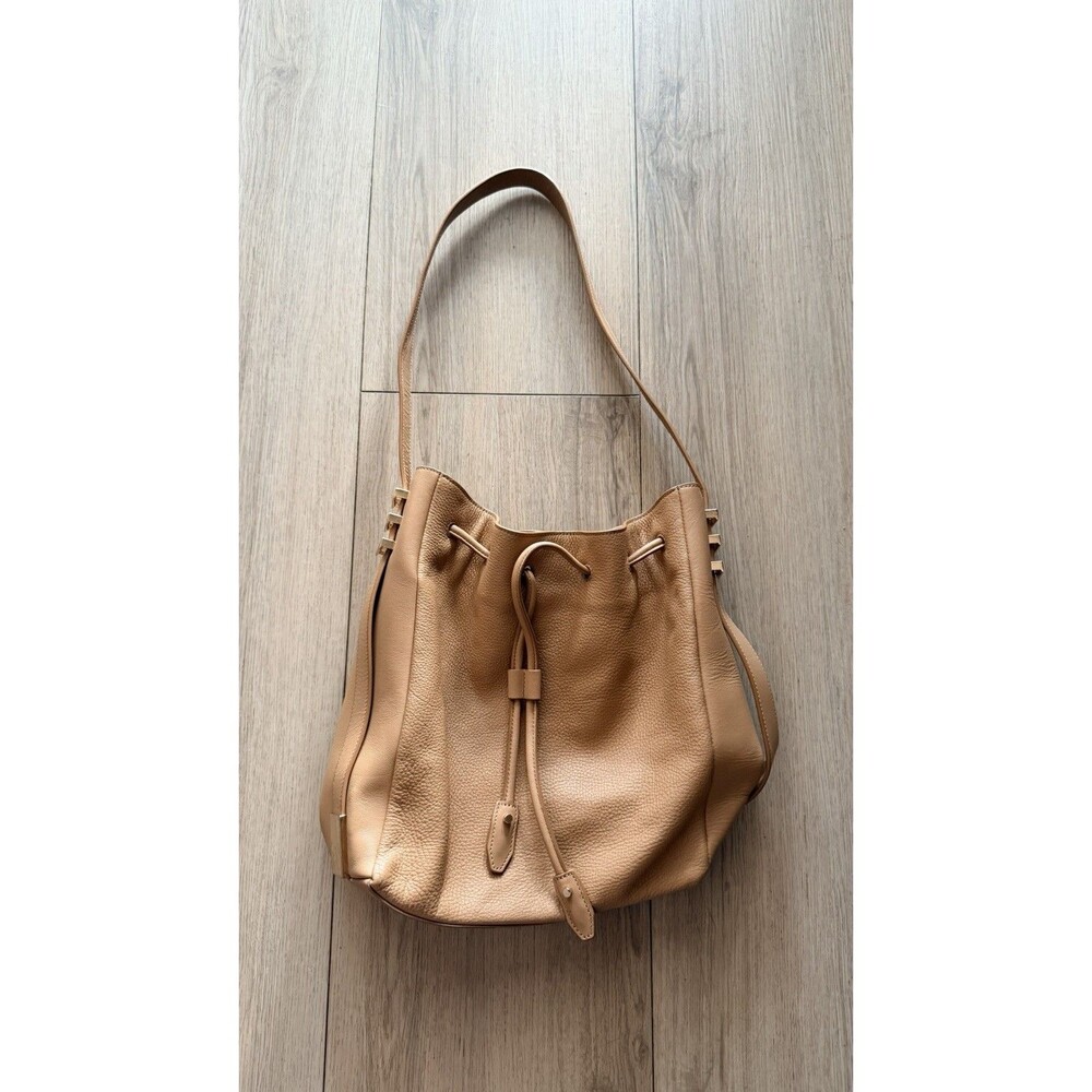 Luana Italy Leather Bucket Bag Brown Tan Leather Gold Tone Hardware Orig $445